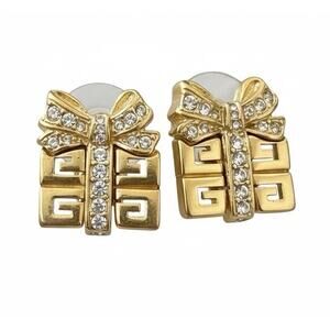 Vtg Givenchy G Logo Gift Box Earrings Rhinestone Bow Gold Tone Signed